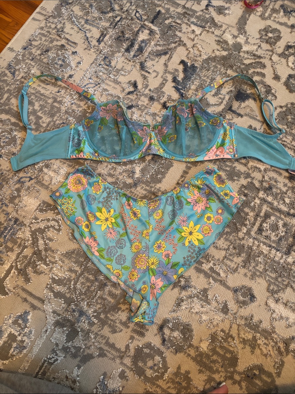 Savage X Fenty Teal Floral Sheer Balconette Bra & High-Cut Brief Set